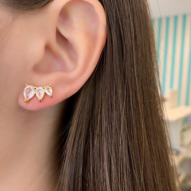 Brinco Ear Cuff Três Gotas Quartzo Rosa Fusion Ouro
